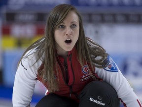 Team Canada skip Rachel Homan calls a shot during a draw at the 2015 Scotties Tournament of Hearts in Moose Jaw, Sask.