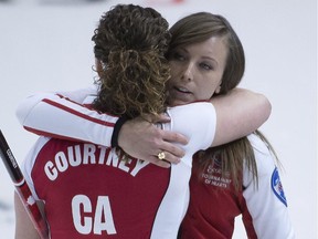 Ottawa skip Rachel Homan hugs second Joanne Courtney after winning the bronze medal game against Saskatchewan at the Scotties Tournament of Hearts in Moose Jaw on Sunday, Feb. 22, 2015.