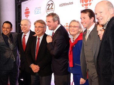 This Hour has 22 Minutes star Shaun Majumder, left, poses on the red carpet with a large turnout of Liberal MPs for the special taping of the CBC TV show on Thursday, February 5, 2015, at Algonquin College.