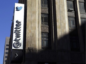 This Nov. 4, 2013 file photo shows the sign outside of Twitter headquarters in San Francisco.