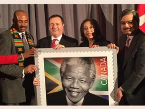 From the Twitter post of Minister Jason Kenney: "Unveiled beautiful new Canada Post stamp of human rights hero Nelson Mandela in honour of Black History Month. #BHM" (@kenneyjason/twitter.com)