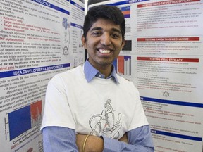 Aditya Anand Mohan with his project 'A Novel Oncolytic Virus for Cancer Treatment and Diagnosis' where he has developed a 98 per cent success rate. The 2015 edition of the Ottawa Regional Science Fair (ORSF) at Carleton University, for grades 7 to 12 students in the Ottawa-Carleton Region to research, develop, and present projects in the fields of science and engineering. (Pat McGrath / Ottawa Citizen)

Aditya Anand Mohan: Development Of A Novel Oncolytic Virus For Cancer Treatment And Diagnosis