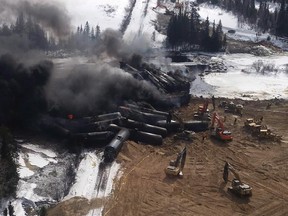 A CN Rail train derailment near Gogama, Ont., is shown in a Sunday, March 8, 2015 handout photo. Four trains hauling crude oil have derailed in Canada and the U.S. since mid-February, rupturing tank cars, spilling their contents, polluting waterways and igniting spectacular fires that burned for days.The derailments have deepened safety concerns that if an oil-train accident were to occur in a populated area, the results could be disastrous.