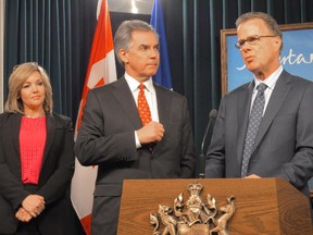 Alberta Education Minister Gordon Dirks, right, explains why the PC government reversed course and passed a bill granting students in any school the right to form a gay-straight alliance support group as with Premier Jim Prentice and PC backbencher Sandra Jansen look on in Edmonton on Tuesday March 10. 2015. The Tories had shelved the bill last year amid sharp criticism from both sides of the debate.