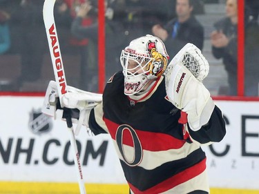 Andrew Hammond of the Ottawa Senators celebrates his team's victory against the Boston Bruins at Canadian Tire Centre in Ottawa, March 19, 2015.   (Jean Levac/ Ottawa Citizen)