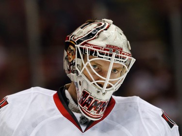 Ottawa Senators goalie Andrew Hammond waits for a face-off against the Detroit Red Wings in the second period.