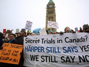 Demonstrators gather on Parliament Hill to protest on a national day of action against Bill C-51, the government's proposed anti-terrorism legislation, in Ottawa on Saturday, March 14, 2015.