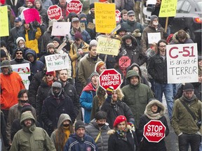 Protesters demonstrate against Bill C-51, the government's proposed anti-terrorism legislation, in Montreal on Saturday, March 14, 2015. Many important news stories are being marginalized by the coverage of — and our worries over — all things terrorism, writes Kelly Egan.