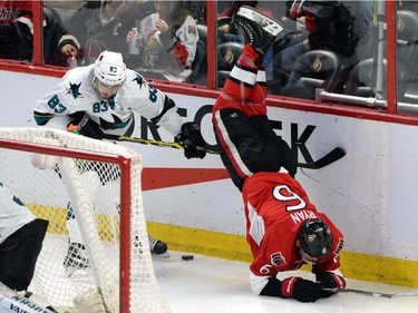 Ottawa Senators' Bobby Ryan (6) gets upended by San Jose Sharks' Matt Nieto during second period NHL action.