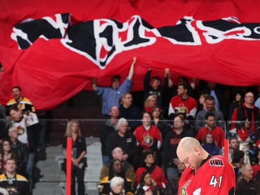 Craig Anderson #41 of the Ottawa Senators focuses during the singing of the national anthems prior to a game against the Boston Bruins.