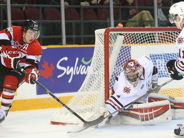 Brandon Hope of the Niagara IceDogs makes the save against Brendan Bell of the Ottawa 67's during first period OHL action.