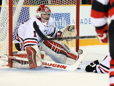Brandon Hope of the Niagara IceDogs makes the save against the Ottawa 67's during first period OHL action.