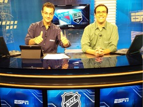 Brazilian hockey broadcasters Ari Aguiar and Thiago Simoes in ESPN's studio in Sao Paulo, Brazil.