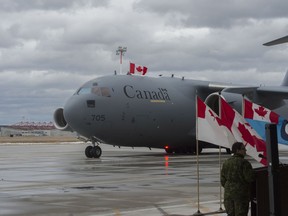 Canada’s fifth CC-177 Globemaster made its inaugural landing in Canada and was officially welcomed into the Royal Canadian Air Force’s fleet by The Honourable Jason Kenney, Minister of National Defence; Lieutenant-General Yvan Blondin, Commander, Royal Canadian Air Force along with 8 Wing members and local media at a ceremony held on the 8 Wing/CFB Trenton flight line March 30, 2015.

Photo by Corporal Owen W. Budge, 8 Wing Imaging 
TN10-2015-0195-006
© 2015 DND-MDN Canada
