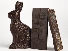 Chocolates from Hummingbird Chocolate Company featuring a bunny filled with raspberry marshmallow and a bar topped with Prince Edward County lavender and caramelized Ottawa Valley honey are photographed in the Ottawa Citizen studio Wednesday March 18, 2015. (Darren Brown/Ottawa Citizen)