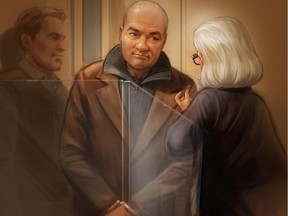 A courtroom sketch depicts Ian Bush talking to his lawyer, Geraldine Castle-Trudel, at the Elgin Street courthouse on Feb. 20, 2015.
