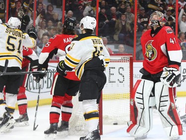 Craig Anderson of the Ottawa Senators shows his dejection after the third goal against him by the Boston Bruins during second period NHL action.