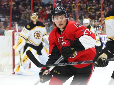 Curtis Lazar of the Ottawa Senators in action against the Boston Bruins during first period NHL action.