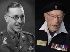Ernest Côté as he appeared as a soldier in 1944 and in  June 2014 when he attended the 70th anniversary of the D-Day landing at Juno Beach.
