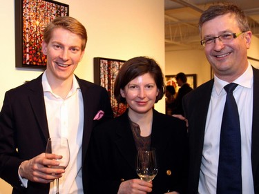 From left, Andrew Phenix with his sister Hilary Phenix and her fiance, Randy Marusyk, MBM Intellectual Property Law, at a benefit for the Thirteen Strings Chamber Orchestra, held at Koyman Galleries on Tuesday, March 24, 2015.