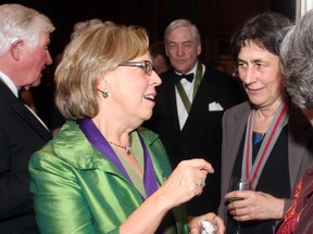 From left, Green Party leader Elizabeth May in conversation with Toronto Star journalist and Shaughnessy Cohen Prize finalist Chantal Hébert at the Politics and the Pen dinner held at the Fairmont Chateau Laurier on Wednesday, March 11, 2015.