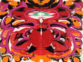 Rouge d’orange, (1988, acrylic on printed paper, 24 x 31 cm), by Jacques Hurtubise.