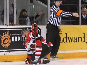 Jeremiah Addison of the Ottawa 67's celebrates his goal against the Niagara IceDogs during third period OHL action.