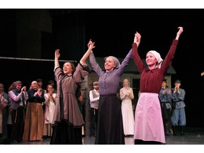 Julia Loiselle (L) as Chava, Emily Poulsen (Center) as Hodel, Natalia Titkova (R) as Tzeitel, during Earl of March High School's Cappies production of Fiddler On The Roof.