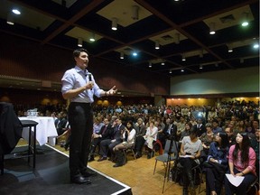 Liberal Leader Justin Trudeau addresses students at the University of British Columbia in Vancouver, B.C., on Wednesday March 4, 2015.