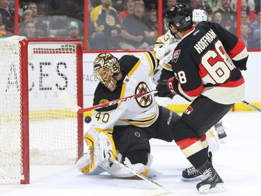 Mike Hoffman of the Ottawa Senators can't score on a golden opportunity on Tuukka Rask of the Boston Bruins during second period NHL action.