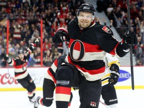 Milan Michalek of the Ottawa Senators celebrates his first period goal against the Boston Bruins – and the 200th of his career.