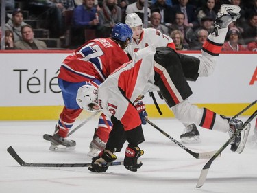 Ottawa Senators right wing Mark Stone falls during the first period.
