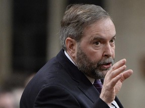 NDP Leader Tom Mulcair asks a question during Question Period in the House of Commons in Ottawa on Tuesday, March 10, 2015. Mulcair is calling Prime Minister Stephen Harper irresponsible for encouraging people to arm themselves if they live too far from a police station.
