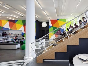 Open bleachers are a social gathering spot at the New York Public Library's Hamilton Grange Teen Center.