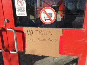 Hastily created sign at an O-Train station Tuesday.