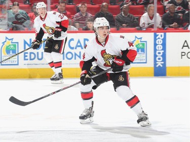Jean-Gabriel Pageau #44 of the Ottawa Senators skates for position on the ice.