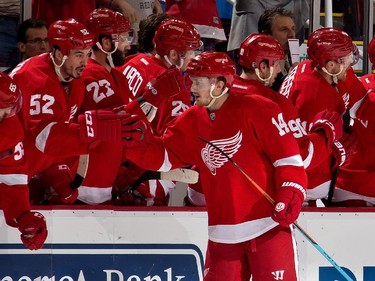 Gustav Nyquist #14 of the Detroit Red Wings pounds gloves with Jonathan Ericsson #52 after scoring a goal.