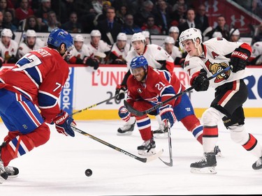 Kyle Turris #7 of the Ottawa Senators fires a slap shot against the Montreal Canadiens.