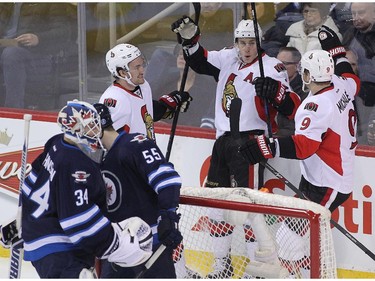 Kyle Turris #7 of the Ottawa Senators celebrates his goal against the Winnipeg Jets in first-period action.