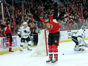 Ottawa's Bobby Ryan celebrates his assist on Mika Zibanejad's first-period goal against San Jose goalie Antti Niemi.