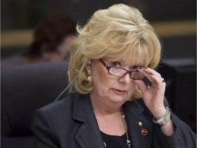 Senator Pamela Wallin, chair of the National Security and Defence committee, adjusts her glasses at the start of a meeting, Monday February 11, 2013 in Ottawa. The RCMP has filed new documents in court alleging Wallin submitted 21 travel expense claims to the Senate in order to claim reimbursement for her private and business trips to Toronto and Guelph.