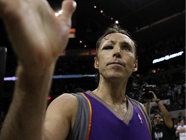 SAN ANTONIO - MAY 09:  Guard Steve Nash #13 of the Phoenix Suns celebrates a 107-101 win against the San Antonio Spurs in Game Four of the Western Conference Semifinals during the 2010 NBA Playoffs at AT&T Center on May 9, 2010 in San Antonio, Texas.  The Suns win the series 4-0.