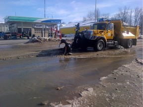 Arnprior public works at the scene of a water main break that forced the closing of the Madawaska Bridge.