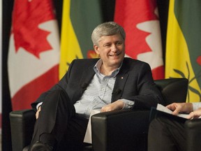 Prime Minister Stephen Harper participates in a moderated question and answer session at the Saskatchewan Association of Rural Municipalities annual convention in Saskatoon on Thursday, March 12, 2015.