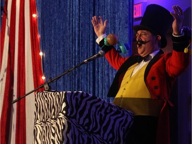 Ringmaster Aydin Suatac gets the crowd's attention at the St. Patrick's Home of Ottawa's circus-themed 150th anniversary soiree, held at the Centurion Conference and Event Centre on Thursday, March 12, 2015.