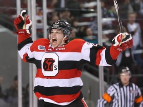 Sam Studnicka of the Ottawa 67's celebrates a goal last season. The team is ready to move up the ladder this year.