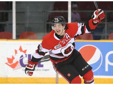 Sam Studnicka of the Ottawa 67's celebrates his team's first goal against the Niagara IceDogs during first period OHL action.