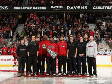 The 2015 CIS Champions Carleton Ravens Men's Basketball team were honoured prior to the game.