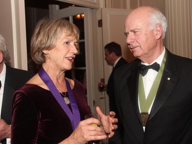 Senator Joyce Murray in conversation with Peter Mansbridge, news anchor of CBC's The National, at the Politics and the Pen dinner for Writers' Trust, held Wednesday, March 11, 2015, at the Fairmont Chateau Laurier.