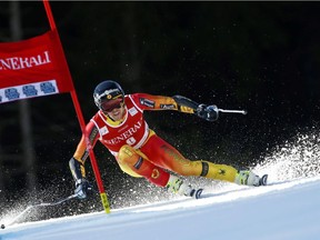 Otawa's Dustin Cook speeds down to finish third during the Men's Super-G race at the FIS Alpine Skiing World Cup in Kvitfjell, Norway, on March 8, 2015.
